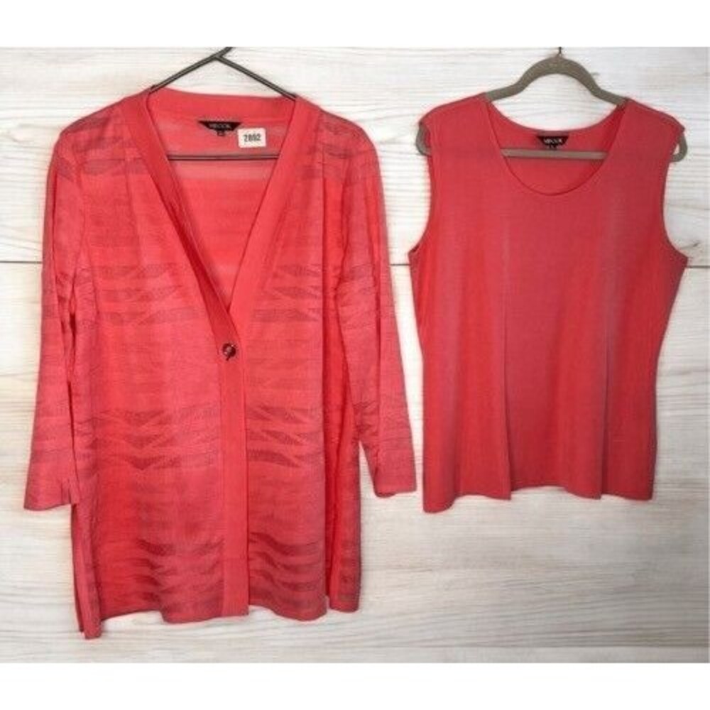 NWOT Misook Womens Coral Pink Button Front Cardigan w/Tank Top Twinset‎ Size PL
